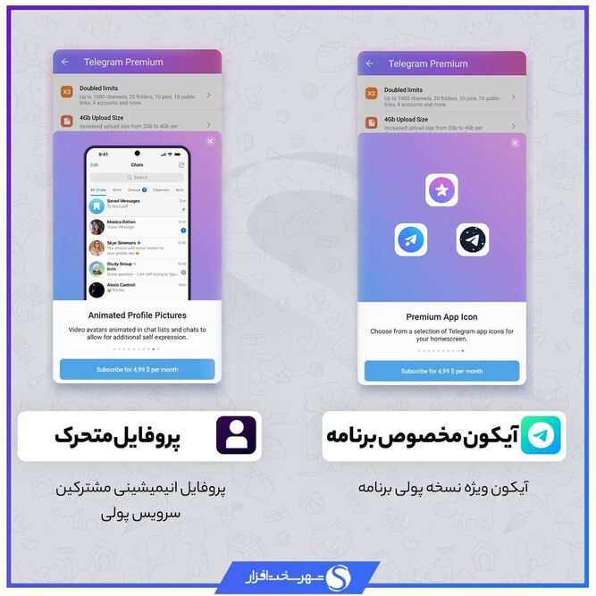 قابلیت تنظیم آیکون‌های مختلف برای نرم‌افزار تلگرام پولی